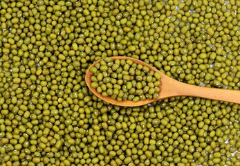Dry green beans on white background. Organic raw green beans mungo (Vigna radiata) in wooden spoon isolated on white background. 