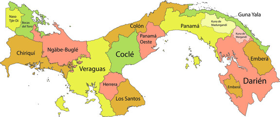 Obraz premium Pastel vector map of Panama with black borders and names of it's provinces and regions
