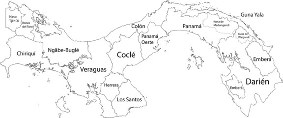 White vector map of Panama with black borders and names of it's provinces and regions