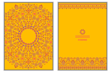 Set of invitation cards with floral mandala background in bright amber color. 