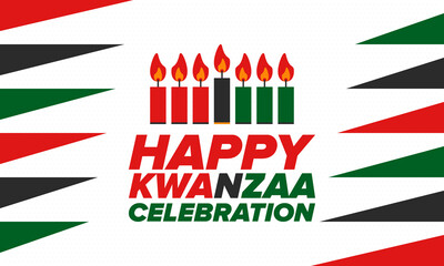 Kwanzaa Happy Celebration. African and African-American culture holiday. Seven days festival, celebrate annual from December 26 to January 1. Black history. Poster, card, banner and background. Vector