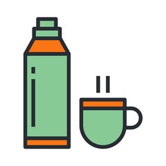 Thermos and a cup of hot tea icon. Vacuum flask, camping and hiking beverage container symbol. Flat design illustration for web, mobile apps, banners, logo element.