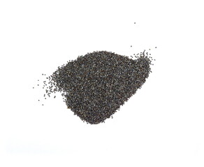 Poppy seeds isolated on white background. Heap of dry poppy seeds