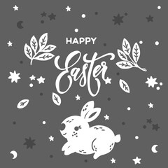 Happy Easter lettering on a gray background with white letters with a rabbit. the rabbit is sleeping. Festive greeting card poster
