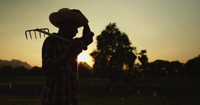 Slow motion silhouette scene of a rural Asian farmer stands holding a rake over his shoulder as the sun sets with sunlight passing through him beautifully.