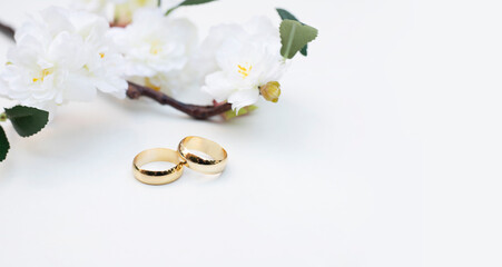 Flowers and two golden wedding rings on white background.	