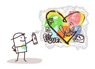 Cartoon Street Art Boy Creating a big Colorful Graffiti Heart sign