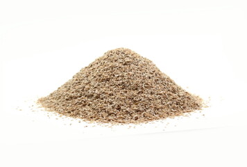 Dry spelt bran pile isolated on white background. Powder Organic Spelt Bran.