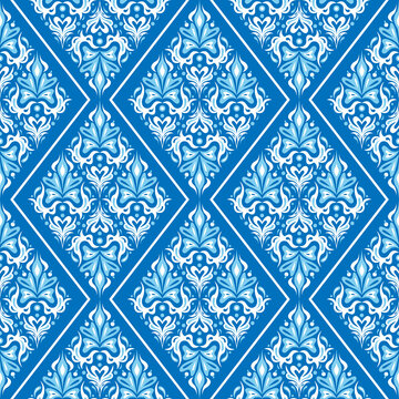 Damask geometrical seamless pattern. Vintage blue floral seamless background. Print for textile and wallpaper