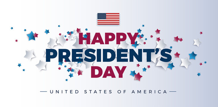Happy Presidents Day banner with stars and USA flag - vector illustration for Presidents' day in patriotic blue, red, white colors on light background