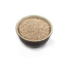 Dry spelt bran in a bowl isolated on white background. Powder Organic Spelt Bran.