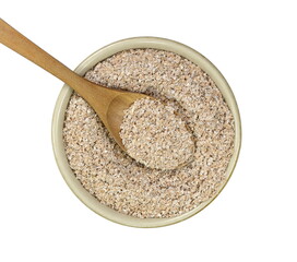 Dry spelt bran in a bowl isolated on white background. Powder Organic Spelt Bran.