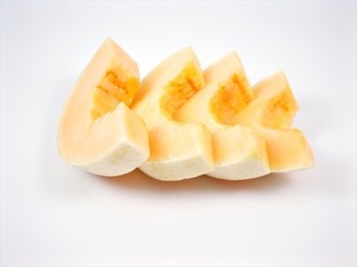 Cantaloupe melon half isolated on white background ,Muskmelon ,Cucumis melo var. cantalupensis	