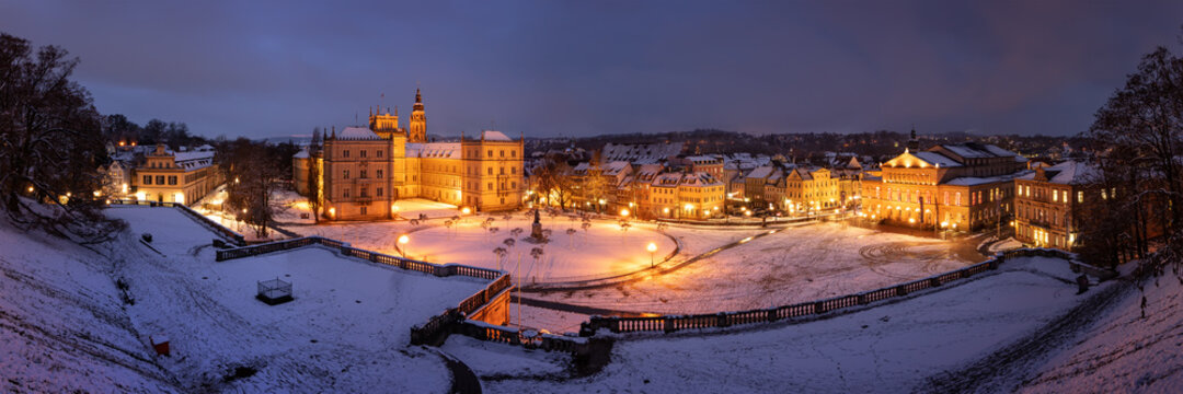 Coburg, Schlossplatz at dusk in winter