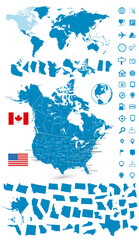 Detailed map of USA and Canada with World map navigation set