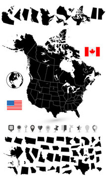 USA and Canada black blank map with it's states and flat navigation set