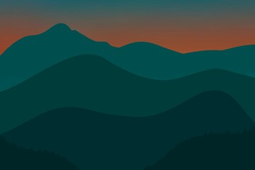 Beautiful tidewater green mountain landscape. Sunrise and sunset in mountains. Natural background with vast landscapes, horizon, skies and dense lush forest. Travel, adventure, calm energy concept.