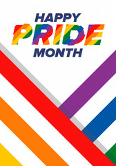 LGBT Pride Month in June. Lesbian Gay Bisexual Transgender. Celebrated annual. LGBT flag. Rainbow love concept. Human rights and tolerance. Poster, card, banner and background. Vector illustration