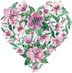 Watercolor heart made of pink spring flowers and green leaves. Valentine's day decoration. Floral heart.