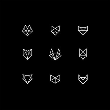 set of geometric line animal fox cat dog illustration icon outline vector collection, minimal small animal icon set isolated on black background