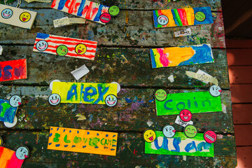 Overhead view of arts and craft signs on messy table