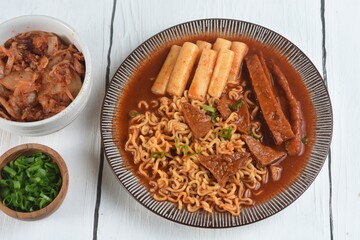 Rabokki is Ramen or Korean instant noodle and Tteokbokki in spicy korean sauce