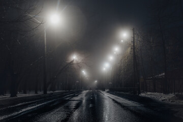 Foggy misty night road illuminated by street lights