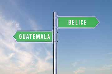 Sign indicating the direction of the borders between two countries  GUATEMALA, BELICE,  3d render.
