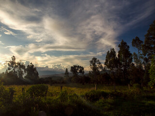 Mixed cloud formation over the Andean plateau in the central mountains of Colombia at sunset.