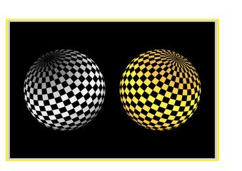 Abstract circles consisting of squares in 3D perspective. Set of two checkered spheres. Checkered Globes Set in silver and gold colours. Black background