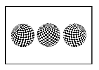 Abstract, monochrome, circles consisting of squares in 3D perspective. Set of Checkered spheres. Checkered Globes Set