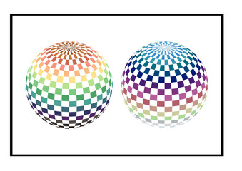 Abstract circles consisting of squares in 3D perspective. Set of two checkered spheres. Colourful checkered Globes Set. White background