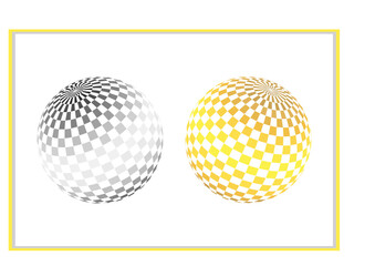 Abstract circles consisting of squares in 3D perspective. Set of two checkered spheres. Checkered Globes Set in silver and gold colours. White background