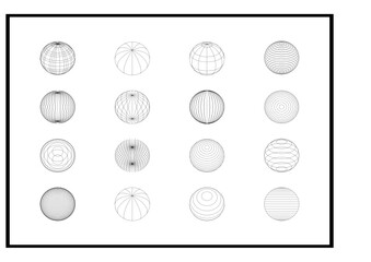 Abstract, monochrome, circles in 3D perspective. Set of spheres. Geomertic circular shapes in different styles