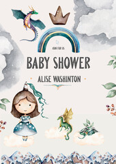 Cute girl card with princess with fury dragon. Baby shower invitation. Greeting card for the first birthday. Vintage watercolor clip art