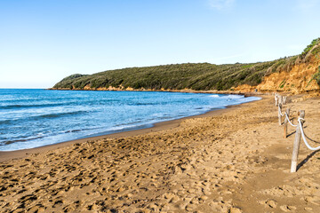 The sandy beach of the Gulf of Baratti, in the municipality of Piombino, along the Etruscan Coast,...