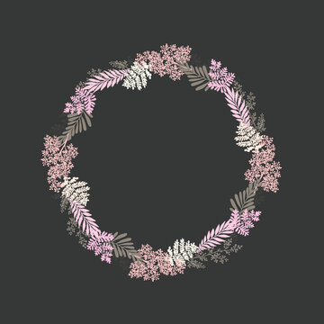 Vector grass wreath for design. Beige and cream color of leaves and herbs on a brown background.