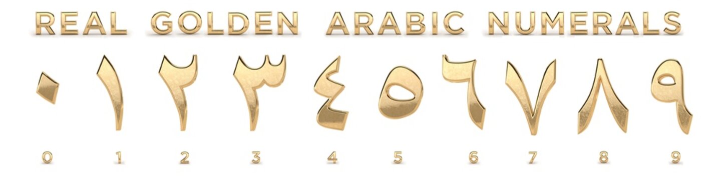 3d render (illustration) of arabic gold metal numerals. Characters, numbers, dates, letters. One, two, three, four, five, six, seven, eight, nine, zero. 1, 2, 3, 4, 5, 6, 7, 8, 9, 0. 