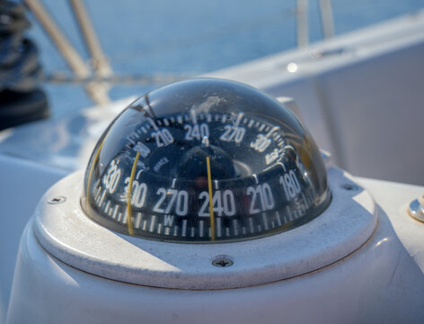 Selective Focus Of A Boat Compass On A Sailboat