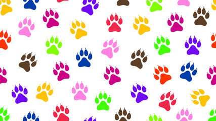 Colorful hand drawn dog paw print seamless pattern on white background
