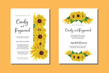 Wedding Invitation Sun Flower Design, Hand drawn Vector Watercolor style