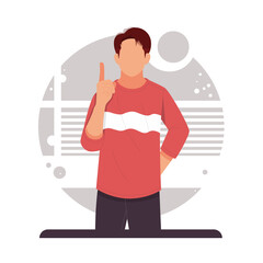 man pointing finger up, advertise product. flat design concept, vector illustration