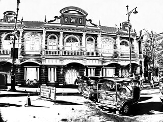 Landscape in the surroundings of the Grand Palace in Bangkok Black and white illustrations.