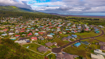 Aerial Lanai city, Hawaii. Lāna‘i City is a census-designated place (CDP) on the island of...