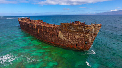 Aeria view of Shipwreck Beach，kaiolohia, Lanai island, Hawaii.  the hull of a ghostly oil tanker from the 1940s is still beached on Kaiolohia Bay&rsquo;s coral reef
