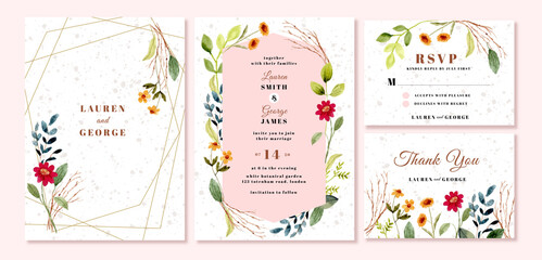 wedding invitation set with flower garden watercolor
