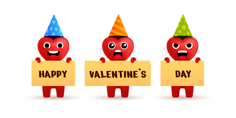 Happy heart characters holding valentine's day sign on white background