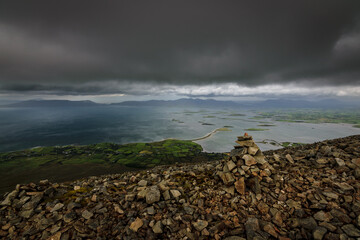 View from top of the mountain Croagh Patrick, nicknamed the Reek in County Mayo after Mweelrea and Nephin, Ireland