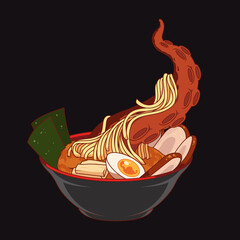 Ramen tentacle. Vector illustration of japanese noodle ramen with octopus tentacle.