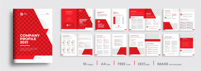 Brochure template layout design, multipage company profile design, minimal brochure design with red color shapes.